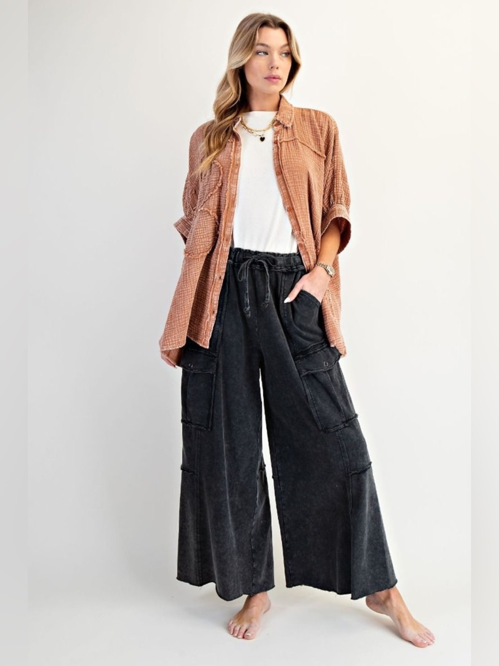 795 ASH BLACK WASHED WIDE LEGS TERRY CARGO PANTS BLACK